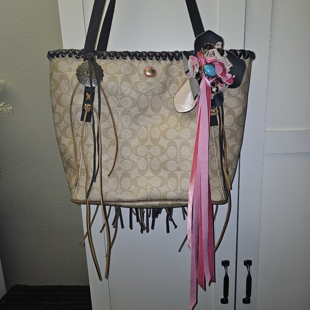Upcycled Coach Beige Signature Tote with Black Trim and Pink Ribbon Accent